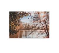 Autumn Scenery Lake View with Sunlight Through Trees, Home Decor Wall Art Poster Print for Living Room Bedroom Office UnFrame-16x24inch(40x60cm)