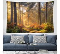 Autumn Scenery Realistic Style Tapestry, Path Through The Pine Forest Wall Hanging Tapestries Golden Yellow Wall Art for Living Room Bedroom Dorm Party Outdoor Decor Bedroom Home, 230 x 180cm