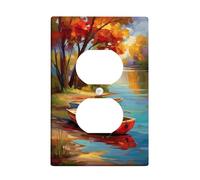 Autumn Scenic Light Switch Cover Plates/Outlet Covers, Vibrant Red and Blue Boats by the Calm Lake, Thermoplastic Wall Plates, Standard Size Single Duplex Outlet