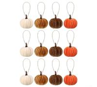 Autumn Seasonal Pumpkin Ornaments 12 Piece Set in Velvet with Foam Core and Hemp Rope for Hanging Decoration in Homes and Offices (A)