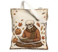 Autumn Skeleton Reading Illustration Canvas Tote Bag 13x15 Inch | Autumn Leaves, Jack-o'-lantern Pumpkins, Cozy Sweater, Reading Skeleton, Fanciful Seasonal Illustration