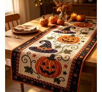 Autumn Spell Quilted Table Runner, Halloween Tablecloth Fall Decor (B-S) | Farmhouse Embroidered Desk Cover, Holiday Kitchen Dining Decorations for Home Party, Elegantly Dress Your Dining Table