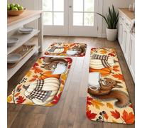 Autumn Squirrel Kitchen Mats for Floor, Pumpkins and Leaves Cozy Soft Mats, Fall Cushioned Comfort Washable Decor Rugs for Kitchen Sinks Laundryroom Bathroom 3pcs