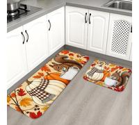 Autumn Squirrel Kitchen Mats for Floor, Pumpkins and Leaves Cozy Soft Mats, Fall Cushioned Comfort Washable Decor Rugs for Kitchen Sinks Laundryroom Bathroom 2pcs