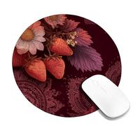Autumn Strawberry Floral Mouse Pad, Burgundy Red Flower Design Rubber Non-Slip Washable Mousepad, Perfect for Home and Office, Gaming Use, Vintage Style Round 8x8 Inch