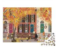 Autumn Street Scene Christmas 1000 Piece Jigsaw Puzzle for Adults Colorful Doors Street Falling Leaves Premium Thick Sturdy Vibrant Challenging Gift 38x26cm/1000pcs