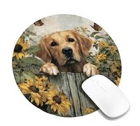 Autumn Sunflower Dog Mouse Pad, Golden Retriever Design Stitched Edge Mousepad, Rubber Non-Slip Washable Gaming Mouse Pad for Home and Office Computer, Laptop Round 8x8 Inch