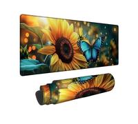 Autumn Sunflower Large Gaming Mouse Pad, Vibrant Yellow Floral Design with Blue Butterfly, Stitched Edge Rubber Non-Slip Mousepad for Office and Home, Washable Gaming Accessory 12x32 Inch