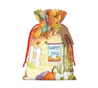 Autumn Sunflowers Pumpkins Printed Christmas Drawstring Bags with Red Christmas Ribbon - Reusable Burlap Drawstring Gift Pouches, S