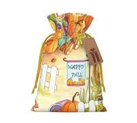 Autumn Sunflowers Pumpkins Printed Christmas Drawstring Bags with Yellow Christmas Ribbon - Reusable Burlap Drawstring Gift Pouches, M