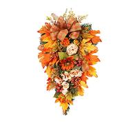 Autumn Swags for Front Door, 18in Fall Teardrop Swag Wreaths with Pumpkin, Sunflower and Maple Leaf, Farmhouse Fall Decoration for Thanksgiving Harvest Autumn, Indoor Outdoor Home Wall (Yellow)