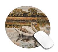 Autumn Swan Landscape Mouse Pad, Beige White Elegant Watercolor Design, Rubber Non-Slip Washable Mousepad for Home and Office Use Round 8x8 Inch
