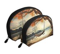 Autumn Swing and Tree Portable Shell Cosmetic Bag Set - Travel Makeup Organiser with Zipper & Inner Compartments