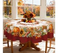 Autumn Table Cloth 60x60 Inch Round, Wipe Clean Fall Pumpkin Gingham Tablecloth for Harvest Festival Thanksgiving Kitchen Decorations (fall-red plaid, 60 inch(Round))