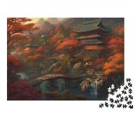 Autumn Temple Landscape 1000 Pieces Jigsaw Puzzles Fantasy Forest Bridge Sturdy Cardboard for People Who Love Quiet Time Relaxation at Home 38x26cm/1000pcs