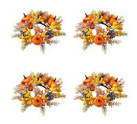 Autumn Thanksgiving & Halloween Candle Decor,Artificial Maple Leaf Pumpkin Sunflower Berry Wreath Ring, Farmhouse Table Centerpiece & Door Decor for Fall Parties (E, 4PC)