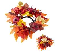 Autumn Thanksgiving & Halloween Candle Decor,Artificial Maple Leaf Pumpkin Sunflower Berry Wreath Ring, Farmhouse Table Centerpiece & Door Decor for Fall Parties (D, 1PC)
