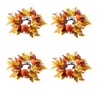 Autumn Thanksgiving & Halloween Candle Decor,Artificial Maple Leaf Pumpkin Sunflower Berry Wreath Ring, Farmhouse Table Centerpiece & Door Decor for Fall Parties (C, 4PC)