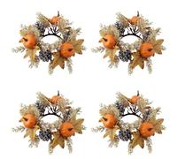 Autumn Thanksgiving & Halloween Candle Decor,Artificial Maple Leaf Pumpkin Sunflower Berry Wreath Ring, Farmhouse Table Centerpiece & Door Decor for Fall Parties (A, 4PC)