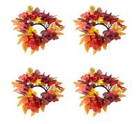 Autumn Thanksgiving & Halloween Candle Decor,Artificial Maple Leaf Pumpkin Sunflower Berry Wreath Ring, Farmhouse Table Centerpiece & Door Decor for Fall Parties (D, 4PC)
