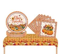 Autumn Thanksgiving Plastic Table Cloth, Paper Plates and Napkins Tableware Set, 37pcs Fall Table Decorations Pumpkin Maple Leaf Dinnerware Sets for Thanksgiving Harvest Festival