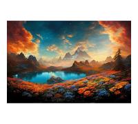 Autumn Theme Aquarium Background Tranquil Lake with Blue Sunset Sky Terrarium Background Colorful Flowers Mountains Clouds Fish Tank Background Fall Style Reptile Habitat Background Poster 30x18in