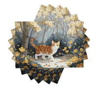 Autumn Theme Cotton Linen Place Mats for 4 Cat Leaf Forest Printed Placemats Large Cotton Linen Non-Slip Tablemats for Party Kitchen Restaurant (45x30CM)