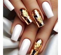Autumn Theme Maple Leaves Square Faux Nails Set 24Pcs Glues on Gold and White Glossy Full Covers Press on Maple Leaves