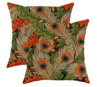 Autumn Throw Pillow Covers Set of 2, Colorful Peacock Feather and Oak Leaves Cushion Case, Decorative Square Farmhouse Decor for Home Sofa Bed Couch 26x26 Inch
