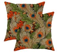 Autumn Throw Pillow Covers Set of 2, Colorful Peacock Feather and Oak Leaves Cushion Case, Decorative Square Farmhouse Decor for Home Sofa Bed Couch 12x12 Inch