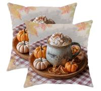 Autumn Throw Pillow Covers Set of 2, Pumpkin Spice Latte and Maple Leaves Decorative Cushion Covers, Cozy Fall Farmhouse Decor for Living Room Sofa 16x16 Inch