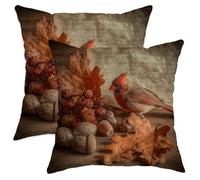 Autumn Throw Pillow Covers Set of 2, Red Cardinal and Oak Leaves Decorative Cushion Cases, Fall Farmhouse Decor for Home Sofa Bed Couch 12x12 Inch