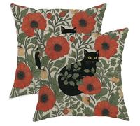 Autumn Throw Pillow Covers Set of 2, Red Poppy Floral Cat Cushion Cases, Cozy Decorative Square Farmhouse Decor for Living Room Sofa Bed Couch 14x14 Inch
