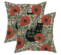 Autumn Throw Pillow Covers Set of 2, Red Poppy Floral Cat Cushion Cases, Cozy Decorative Square Farmhouse Decor for Living Room Sofa Bed Couch 18x18 Inch