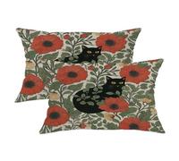 Autumn Throw Pillow Covers Set of 2, Red Poppy Floral Cat Cushion Cases, Cozy Decorative Square Farmhouse Decor for Living Room Sofa Bed Couch 20x12 Inch