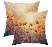 Autumn Throw Pillow Covers Set of 2, Sunrise Orange Poppy Wildflowers Decorative Farmhouse Cushion Cases for Living Room Sofa Couch Bed 12x12 Inch