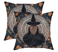 Autumn Throw Pillow Covers Set of 2, Witch and Magic Circle Decorative Cushion Cases, Halloween Farmhouse Decor for Sofa and Couch 14x14 Inch
