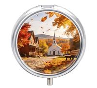 Autumn Town Round Pill Box with Mirror 3 Compartment Portable Pill Case for Travel Outdoor Use Cute Small Pill Organizer for Pocket Or Purse