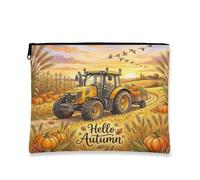 Autumn Tractor Makeup Bag, Yellow Pumpkin Vintage Cosmetic Pouch for Women, Portable Canvas Zipper Organizer, Fall Skincare Toiletry Bag, Yellow, 7x9 Inch, Autumn