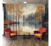 Autumn Tree Lake Photo Wallpaper Wall Mural, Non-Woven Art Pine Trees Nature Landscape Design Print 3D Wall Photo Decoration Poster Picture 450cmx315cm