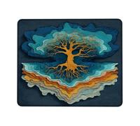 Autumn Tree Layered Desk Mouse Pad, Blue Green Artistic Design Stitched Edge Mousepad, Rubber Non-Slip Washable Gaming Mouse Pad for Home and Office Computer, Laptop Square 9.4"x7.9"