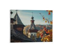 Autumn Tree Leaves Wall Decor Poster, Ancient Church with Steeples Framed Canvas Wall Art for Bathroom Kid's Room, Funny Religious Artworks, Thanks Giving Gifts, 20x25CM