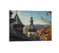 Autumn Tree Leaves Wall Decor Poster, Ancient Church with Steeples Framed Canvas Wall Art for Bathroom Kid's Room, Funny Religious Artworks, Thanks Giving Gifts, 45x60CM