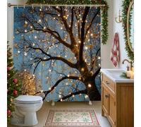 Autumn Tree Shower Curtain, Golden Leaves and Fairy Lights Bathroom Decor, Fall Winter Rustic Farmhouse Waterproof Fabric Shower Curtain with Hooks 72x84 Inch
