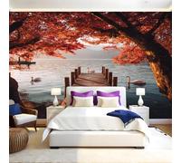Autumn Tree Wall Mural 250 x 180 cm Wooden pier Lake Non-Woven Art Print Wallpaper Mural for Walls Living Room Bedroom TV Background Boys Girls Kids Rooms Decoration