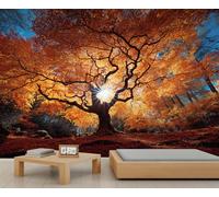 Autumn Tree Wall Mural Fall Forest Mural Wallpaper Large Ancient Tree Murals Golden Leaves Landscape Wallpaper for Bedroom Living Room Non-Self-Adhesive Murals 300 x 210 cm