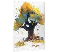 Autumn Tree Watercolor Wooden Jigsaw Puzzles for Adults Boy Reading Under Ancient Oak with Falling Leaves Cozy Indoor Activity Thanksgiving Gift Home Decor Family Game Night_300pcs