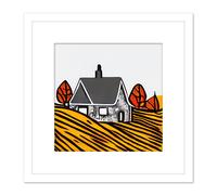 Autumn Trees Stone House Farm Land Wheat Field Illustration Square Wooden Framed Wall Art Print Picture 8X8 Inch Artery8 White One Size