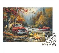 Autumn Truck Camp Jigsaw Puzzles 1000 Pieces for Adults Red Truck River Campfire Premium Thick Sturdy Vibrant Challenging Stress Relief Family Game Gift 38x26cm/1000pcs