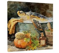 Autumn Turtle Bath Canvas Wall Art, Orange Green Sea Creature Poster Prints, Abstract Bathroom Wall Decor for Living Room, Bedroom, Bathroom, Spa, Wrapped Canvas 12x12 Inch